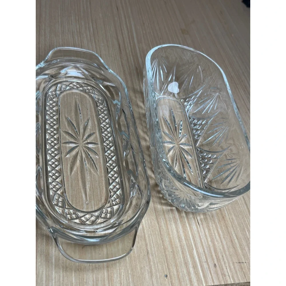 Vintage Clear Pressed Glass Butter Dish w/Lid Starburst Diamond Pattern USA MCM